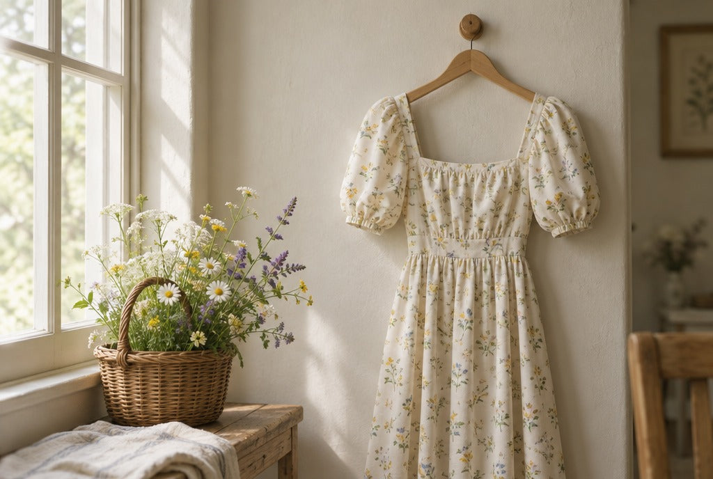 A cream floral cottagecore dress with puff sleeves hanging from a wooden peg beside a basket of wildflowers in soft window light