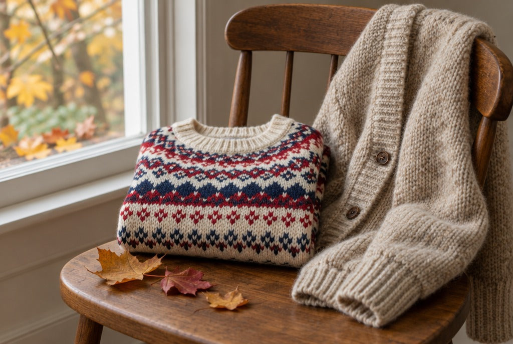 A folded fair isle sweater in cream, red and navy and a chunky oatmeal cardigan on a wooden chair beside a window with autumn leaves