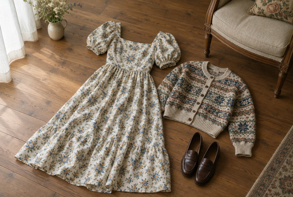 A floral puff-sleeve midi dress, a fair isle cardigan and brown loafers arranged on a wooden floor beside a vintage-style chair