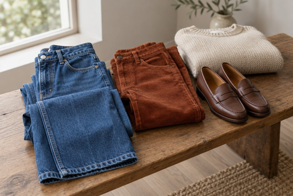 Blue high-waist wide-leg jeans and rust corduroy pants folded on a wooden bench beside brown loafers and a knit sweater