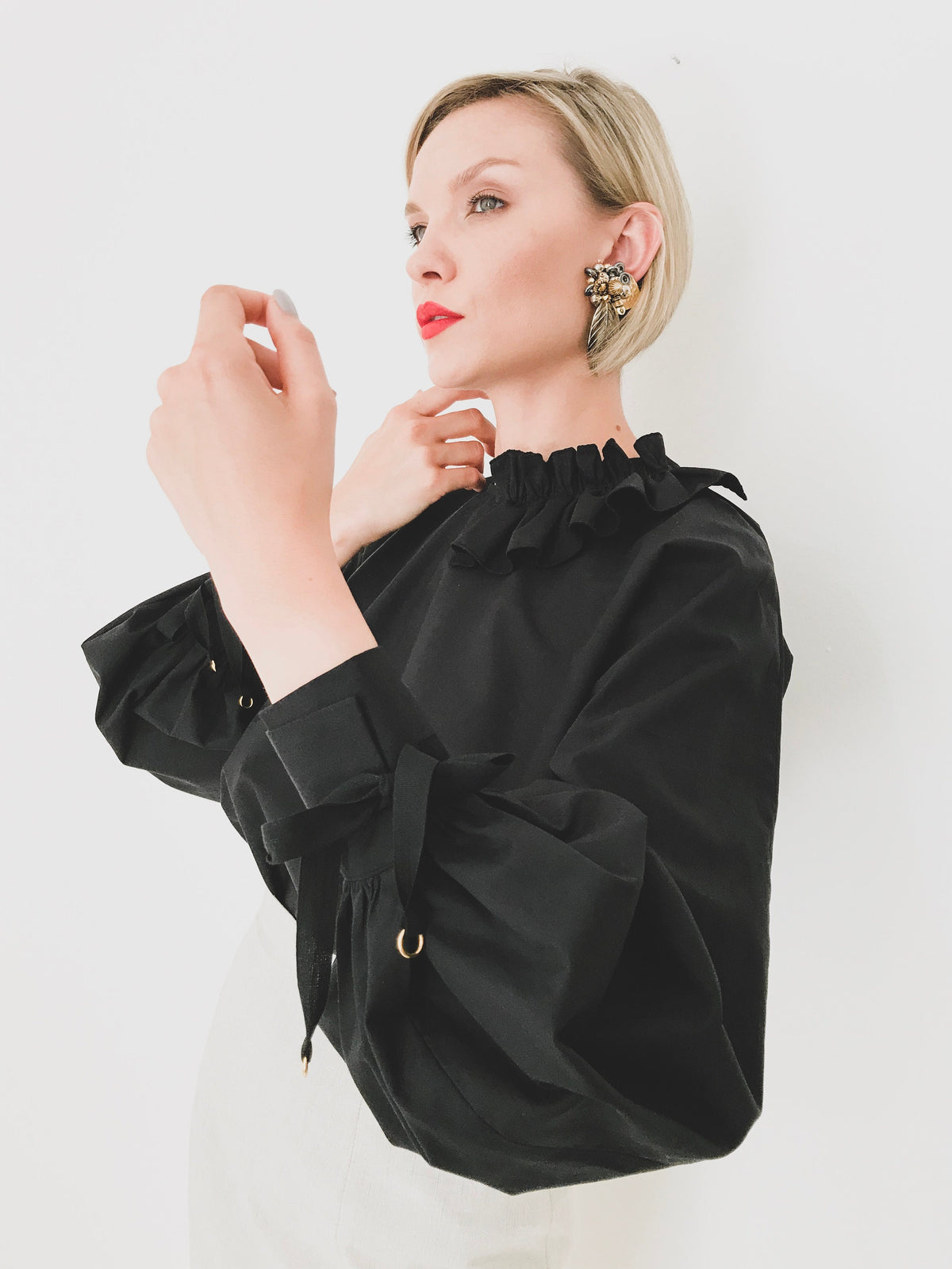 Noor Black Cotton Puff-Sleeve Blouse — view 4