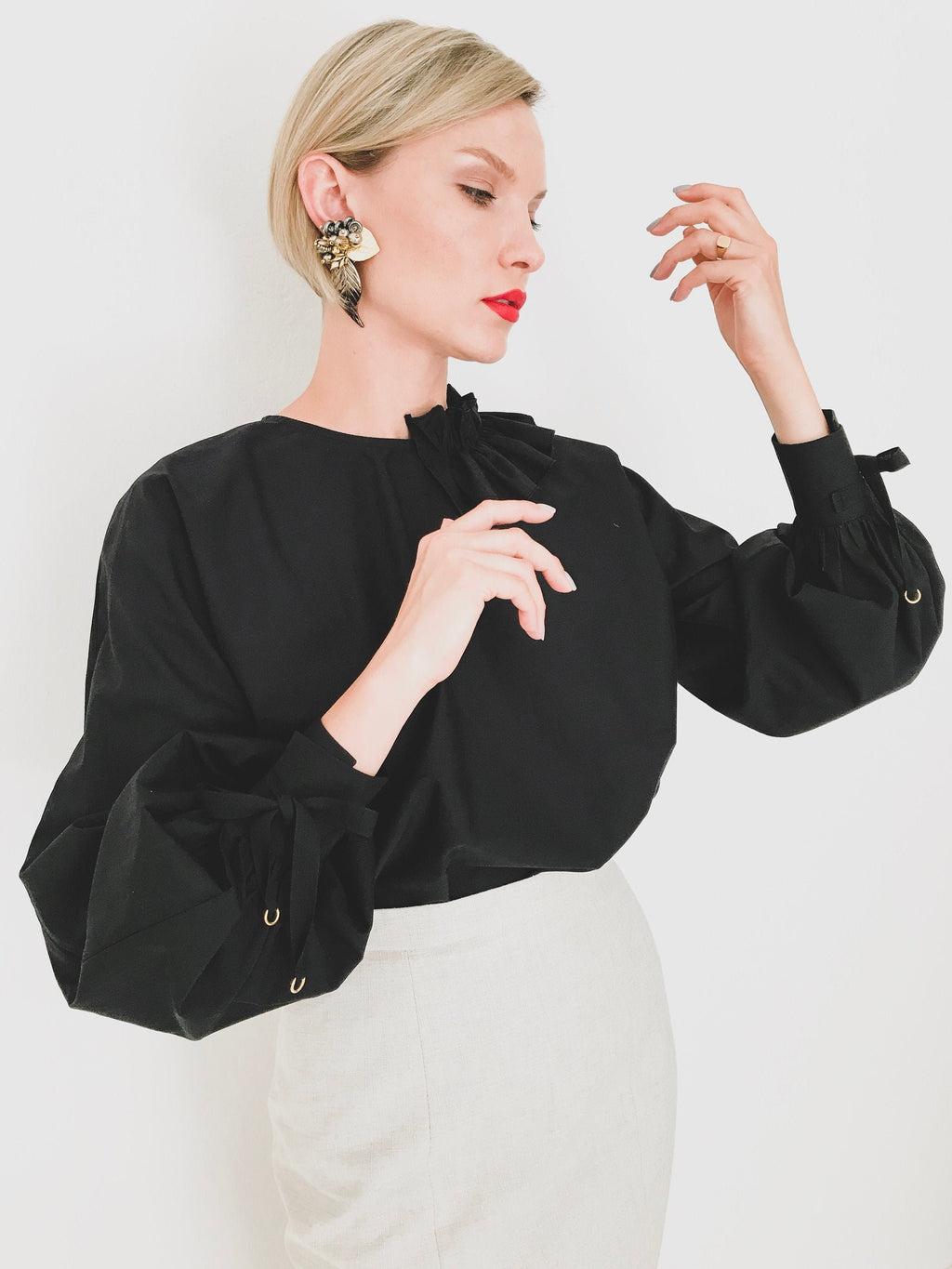 Noor Black Cotton Puff-Sleeve Blouse — view 3