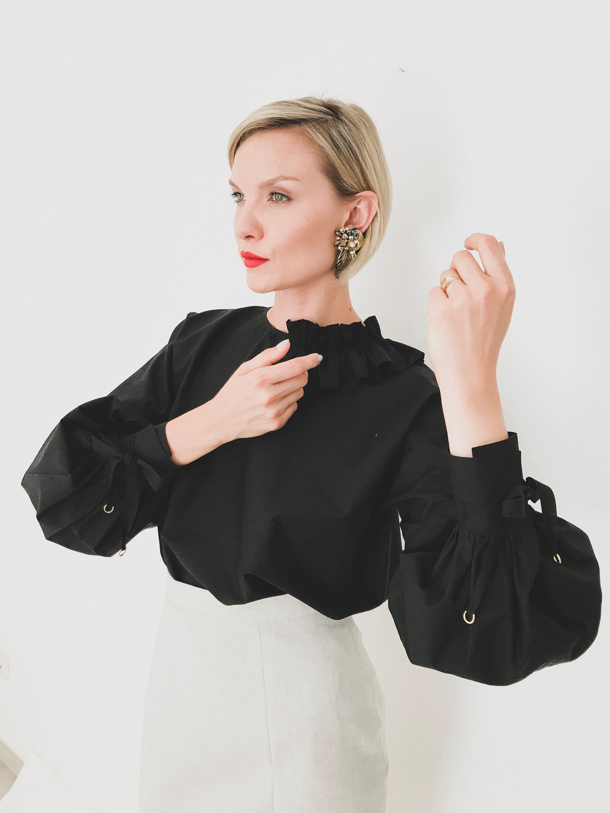 Noor Black Cotton Puff-Sleeve Blouse — Strouse's
