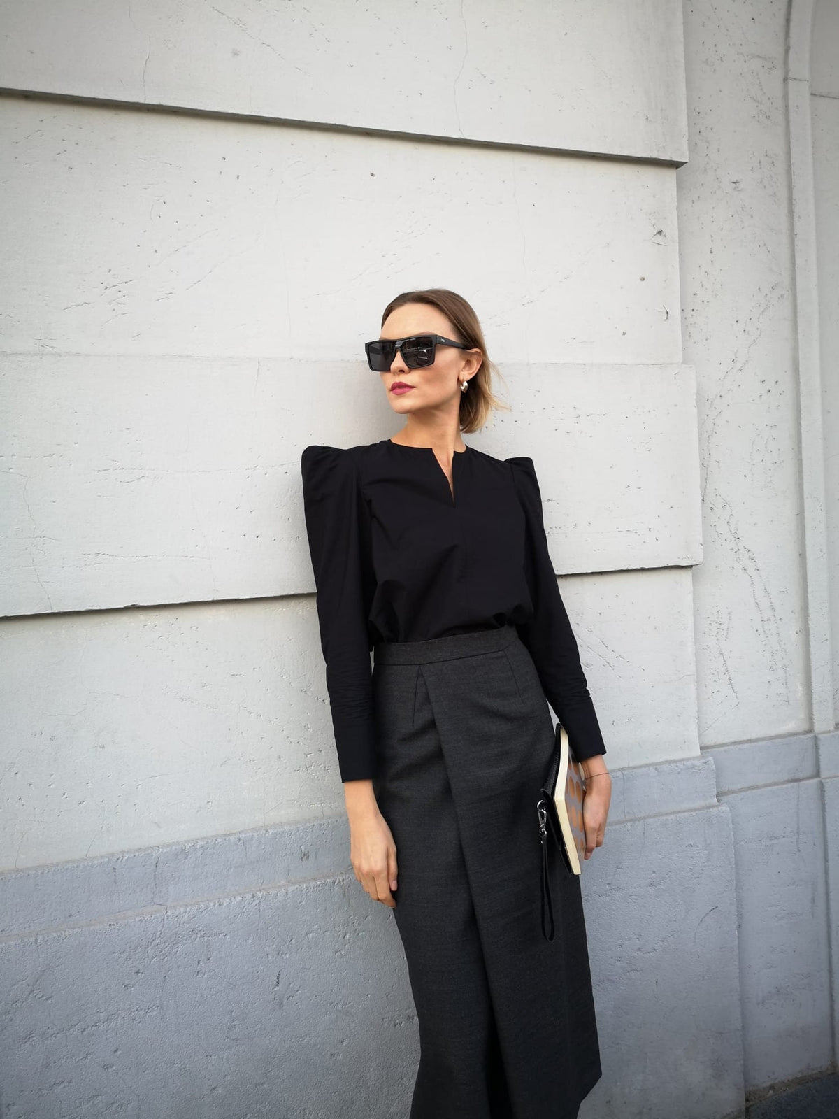 Nina Black Cotton Puff-Sleeve Blouse — view 3
