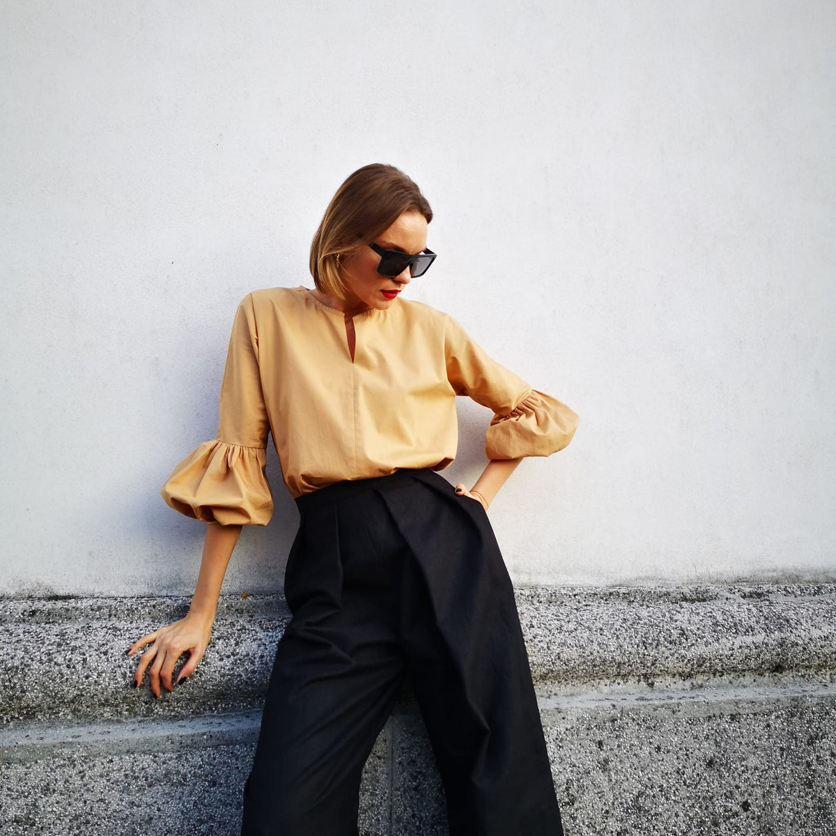 Dora Beige Cotton Puff-Sleeve Blouse — view 2