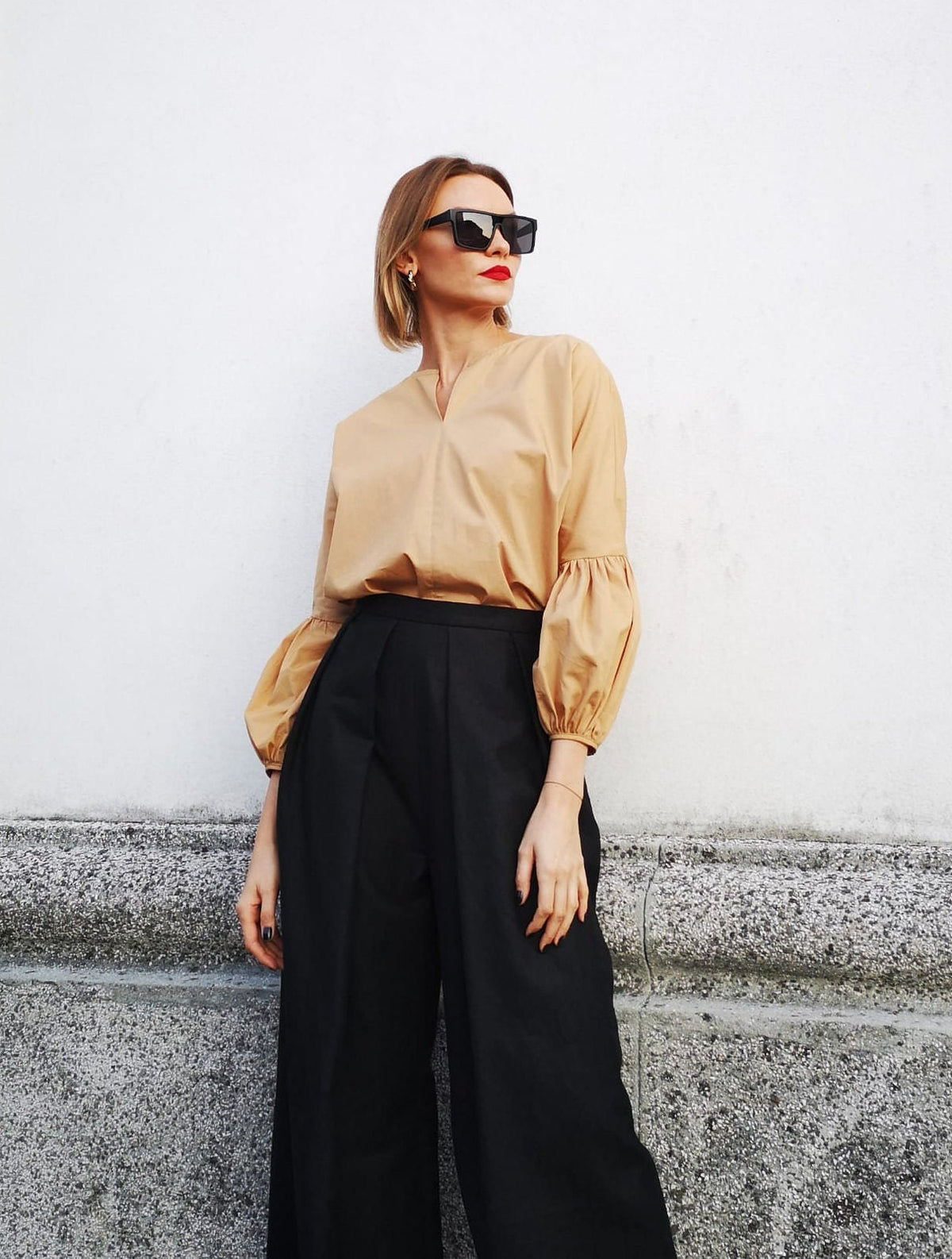 Dora Beige Cotton Puff-Sleeve Blouse — view 4