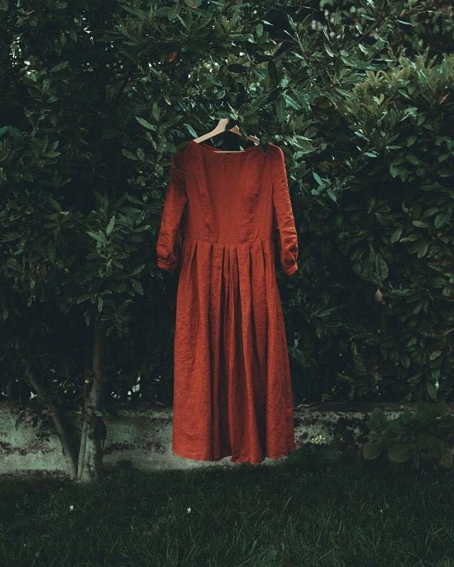 Ruby Burgundy Linen Pleated Midi Dress — view 3