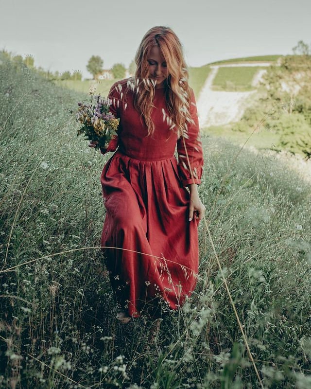 Ruby Burgundy Linen Pleated Midi Dress — Strouse's