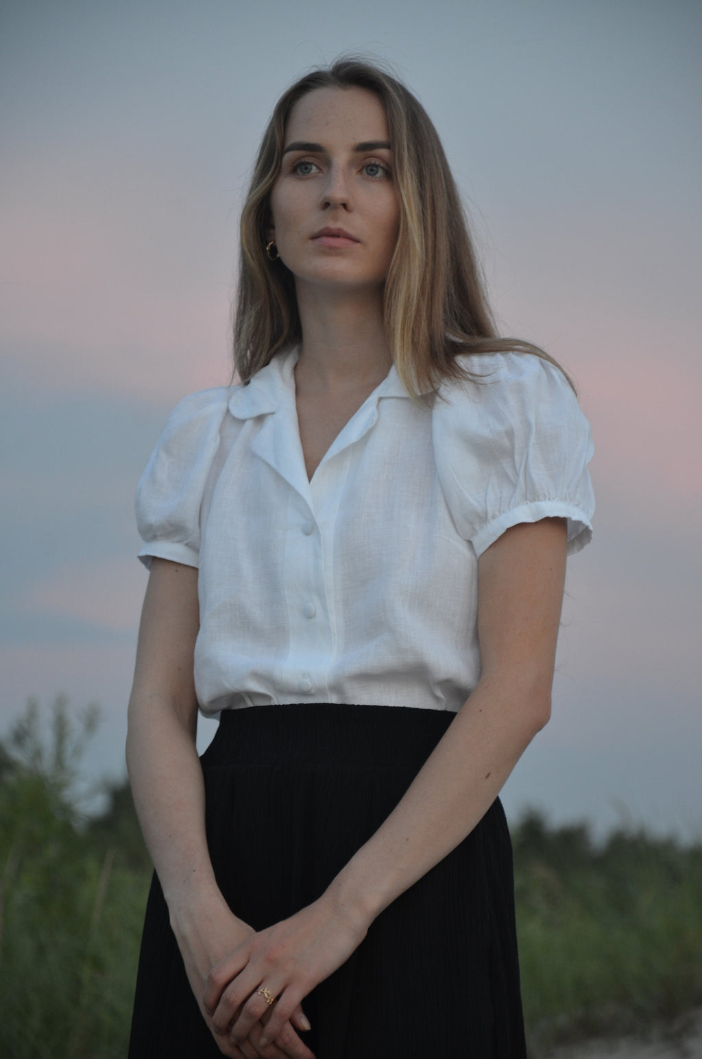 Olive White Linen Button-Down Shirt — view 3