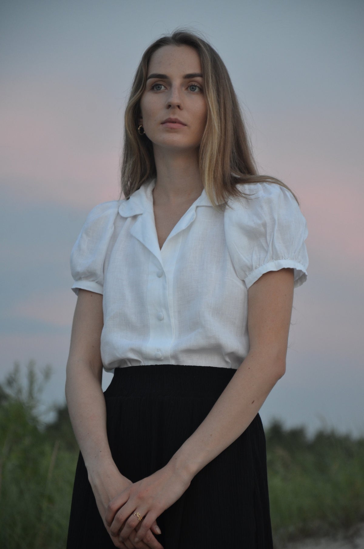 Olive White Linen Button-Down Shirt — view 3