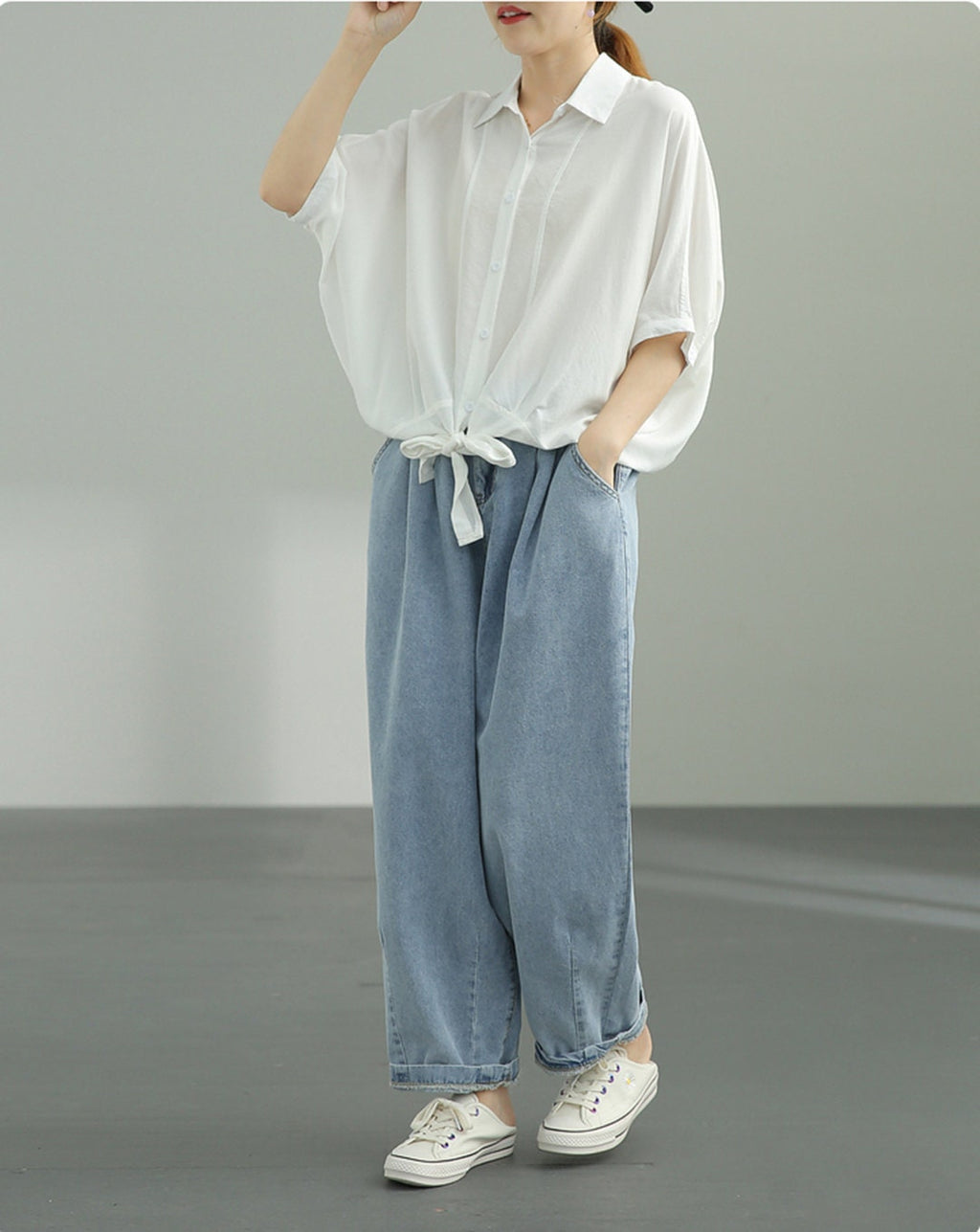 Faye Beige Denim Wide-Leg Jeans — view 6