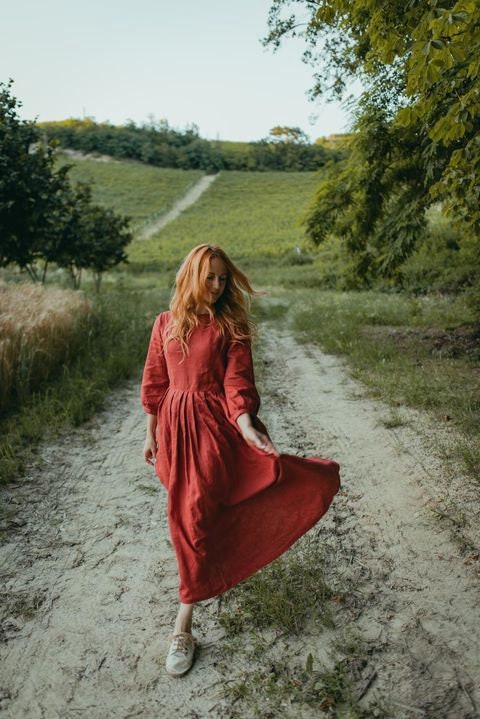 Ruby Burgundy Linen Pleated Midi Dress — view 2