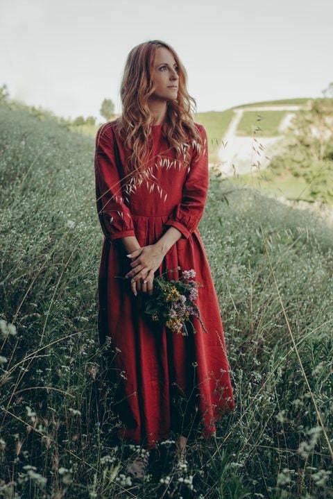 Ruby Burgundy Linen Pleated Midi Dress — view 4