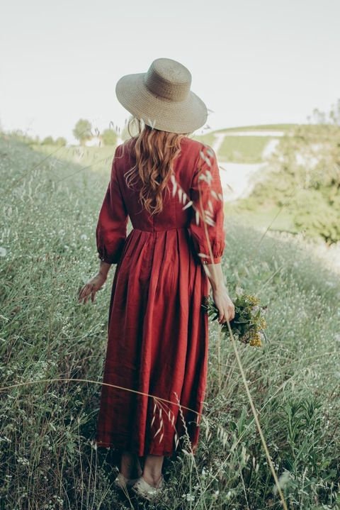 Ruby Burgundy Linen Pleated Midi Dress — view 5