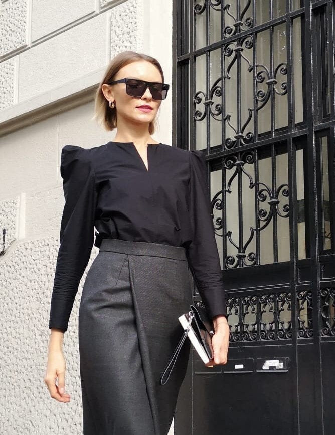 Nina Black Cotton Puff-Sleeve Blouse — Strouse's