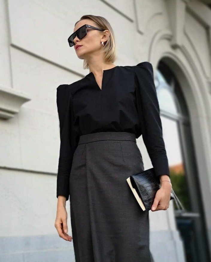 Nina Black Cotton Puff-Sleeve Blouse — view 2