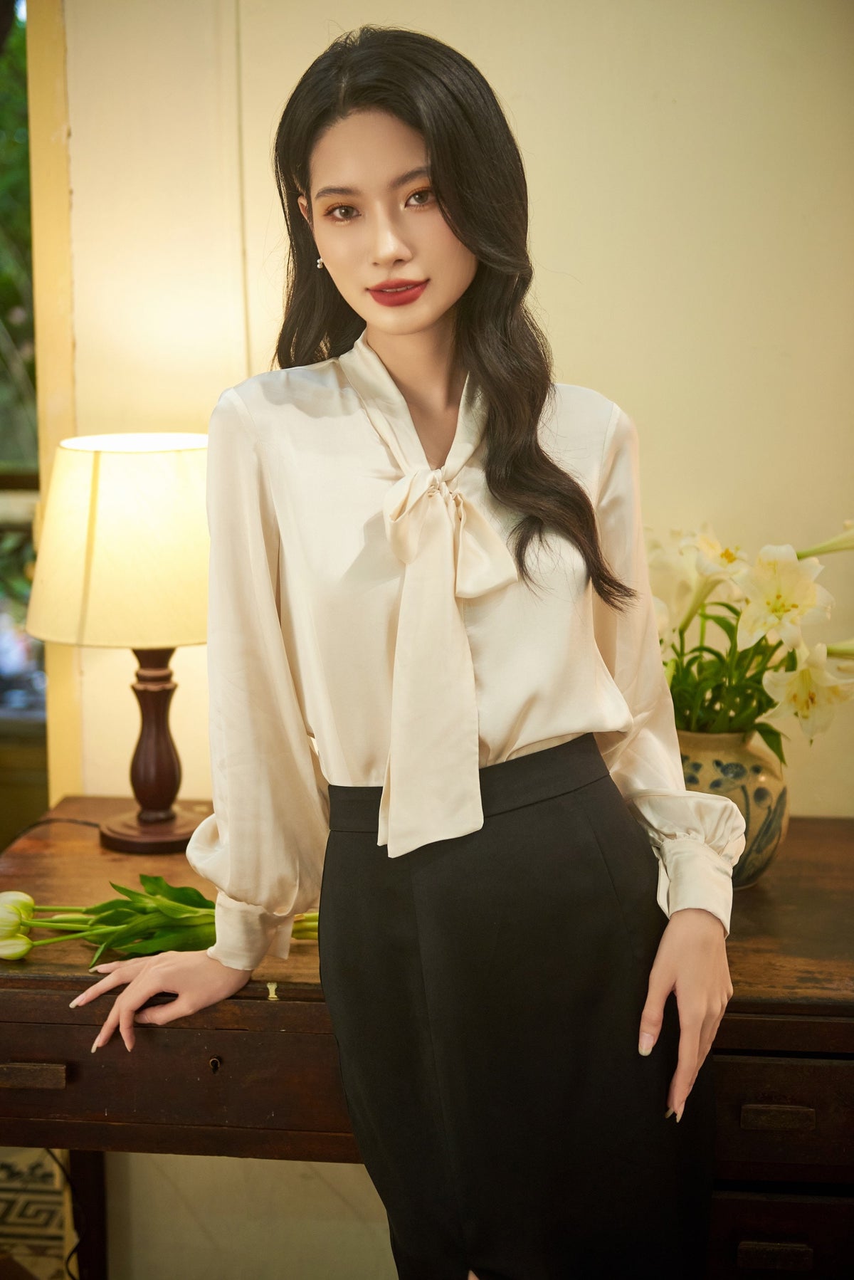 Lotte Beige Crepe Puff-Sleeve Shirt — view 4
