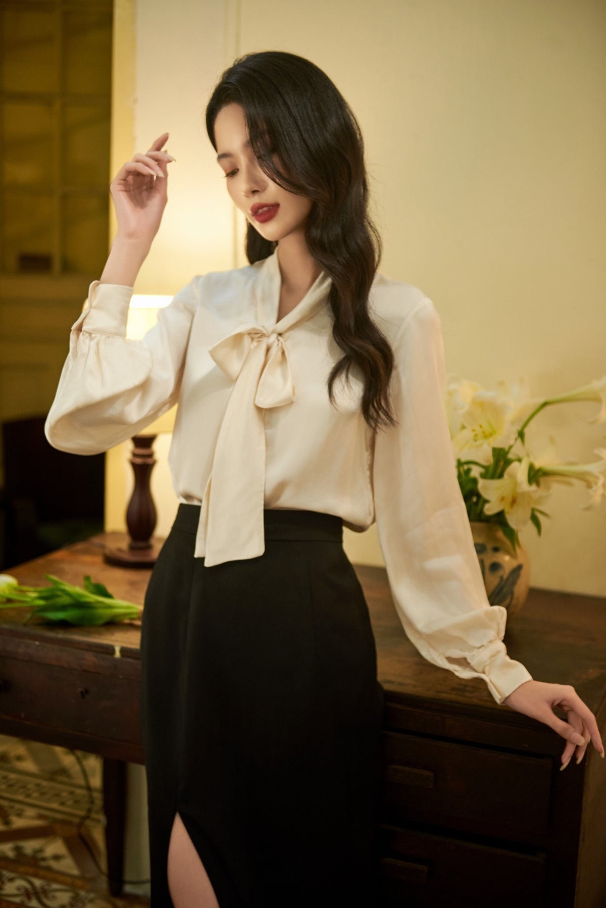 Lotte Beige Crepe Puff-Sleeve Shirt — Strouse's