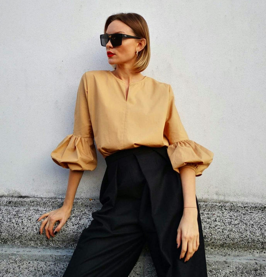 Dora Beige Cotton Puff-Sleeve Blouse — Strouse's