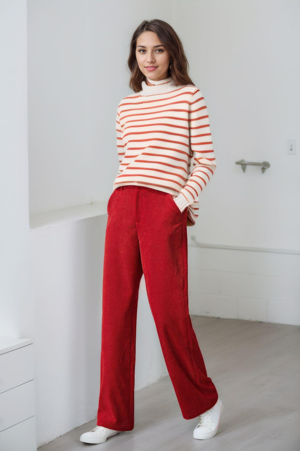 Leona Red Wide-Leg Corduroy Pants — view 2