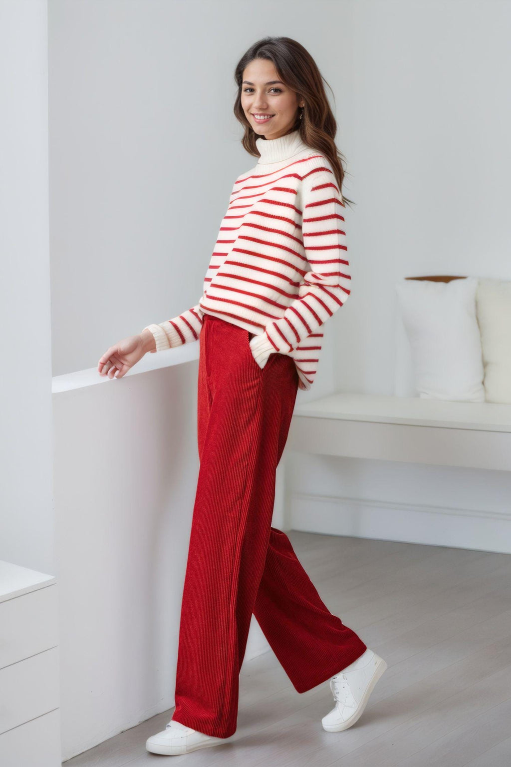 Leona Red Wide-Leg Corduroy Pants — view 3