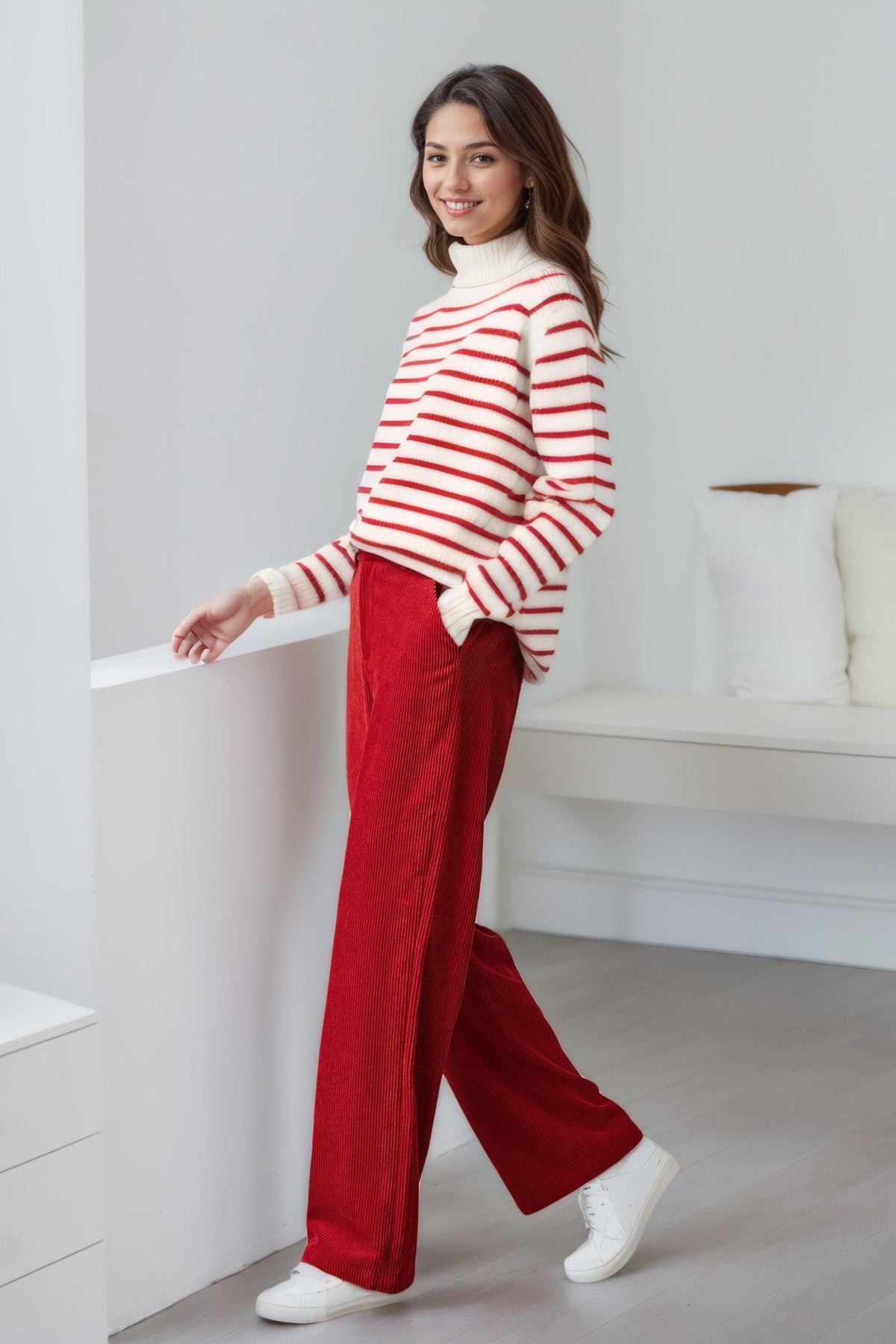 Leona Red Wide-Leg Corduroy Pants — view 3
