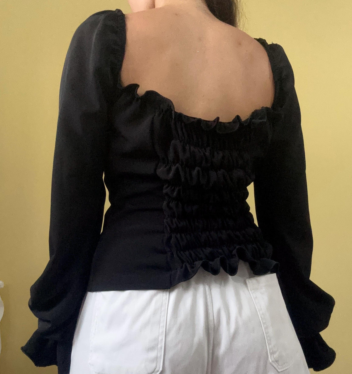 Brielle Black Crepe Puff-Sleeve Top — view 4