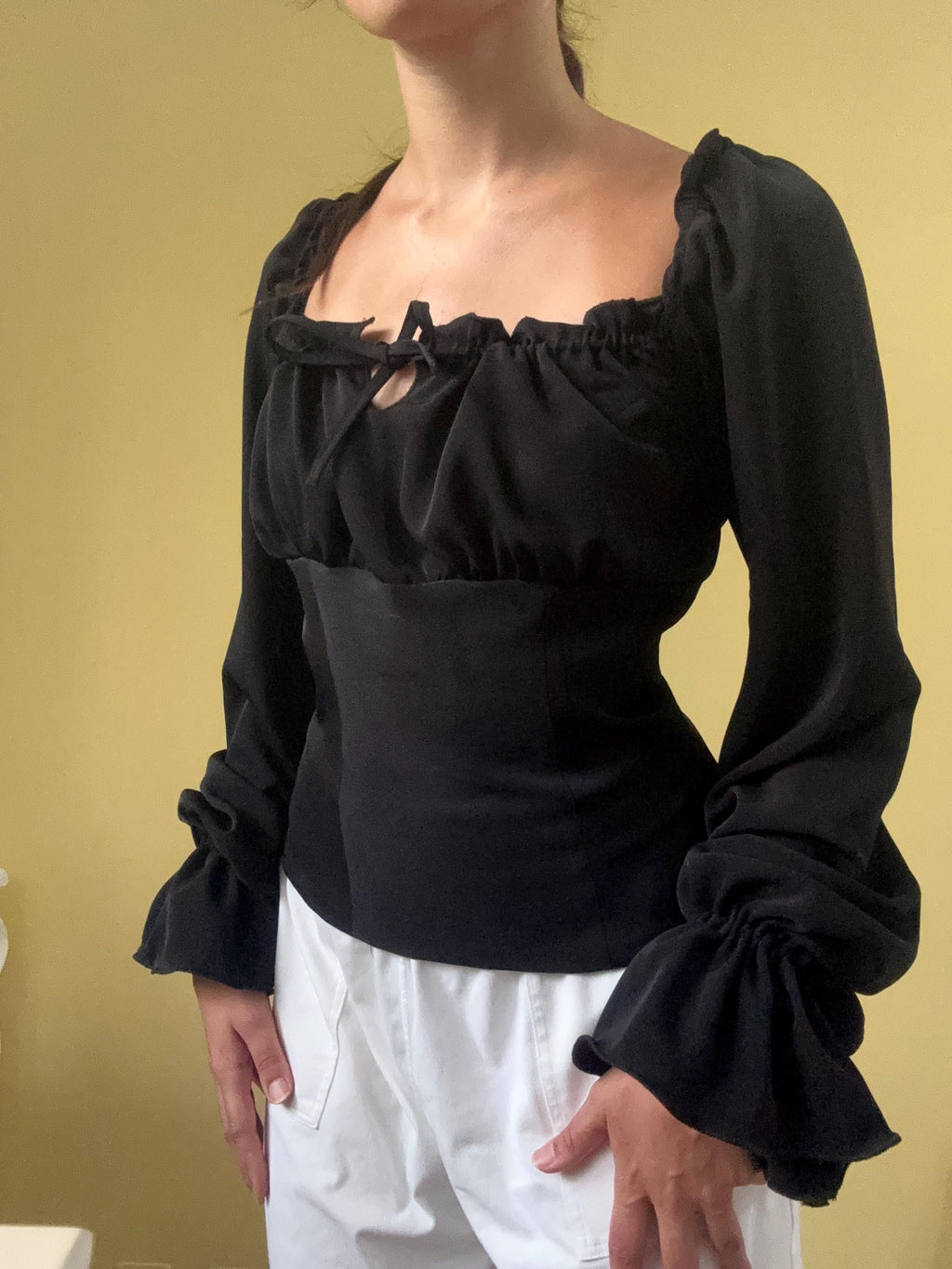 Brielle Black Crepe Puff-Sleeve Top — view 3