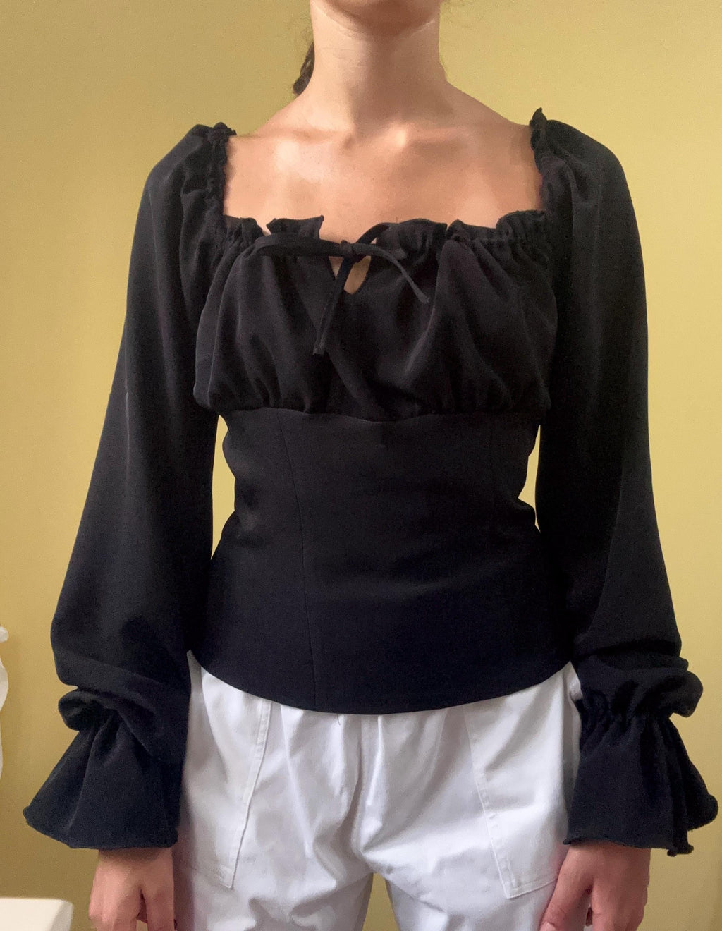 Brielle Black Crepe Puff-Sleeve Top — view 2
