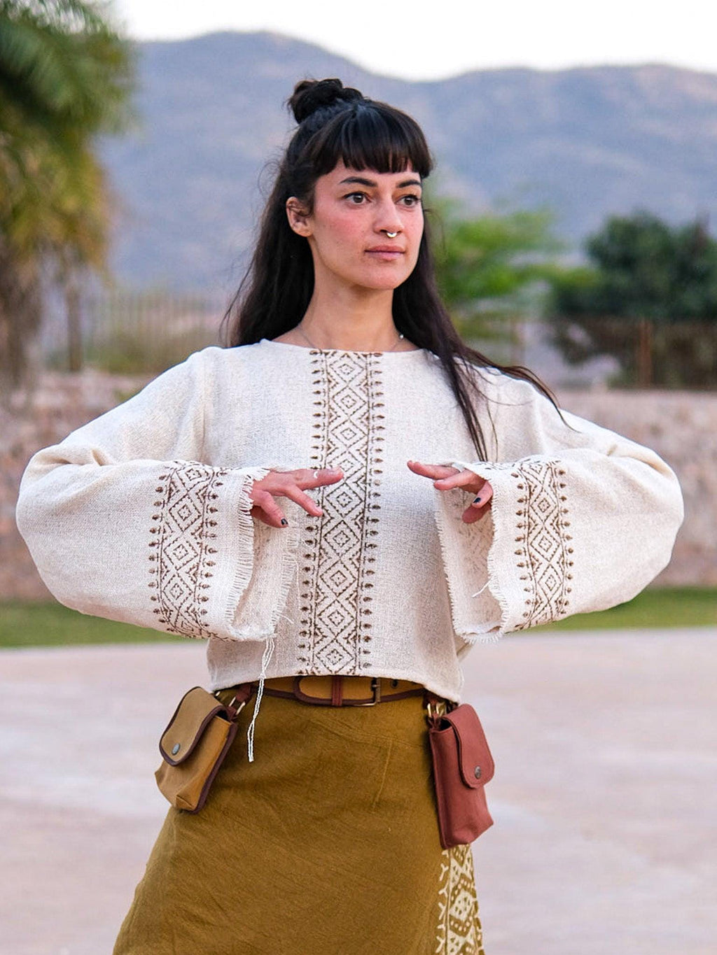 Greta Block-Print Cotton Embroidered Shirt — Strouse's