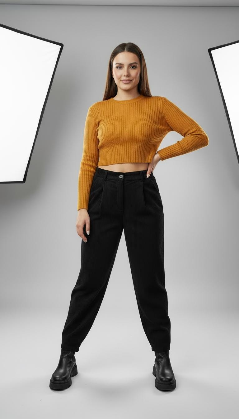 Vida Black Cotton High-Waist Corduroy Pants — view 2