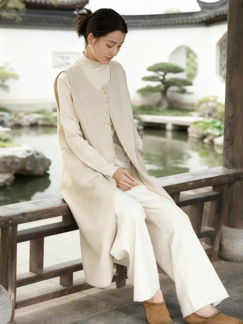 Cleo Beige Wool Midi Dress — view 2