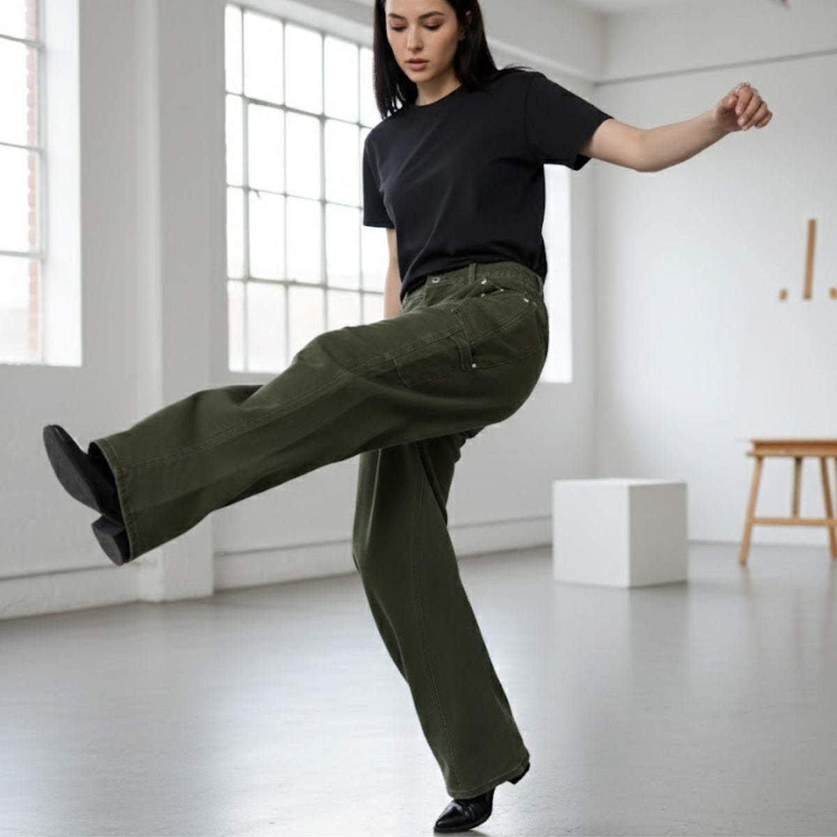 Anya Black Cotton Wide-Leg Pants — view 3