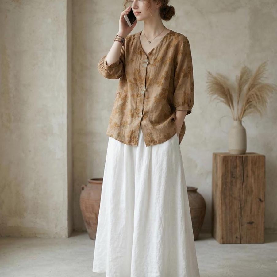 Joy Floral Linen Puff-Sleeve Blouse — view 2