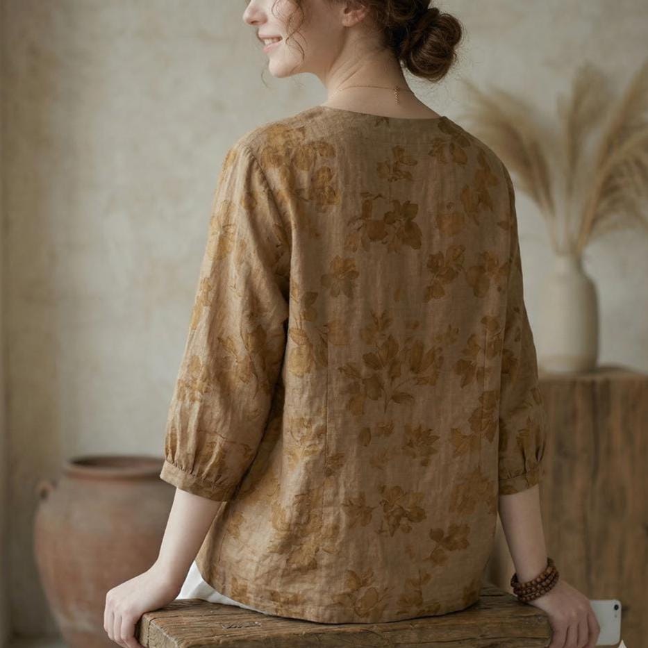 Joy Floral Linen Puff-Sleeve Blouse — view 4