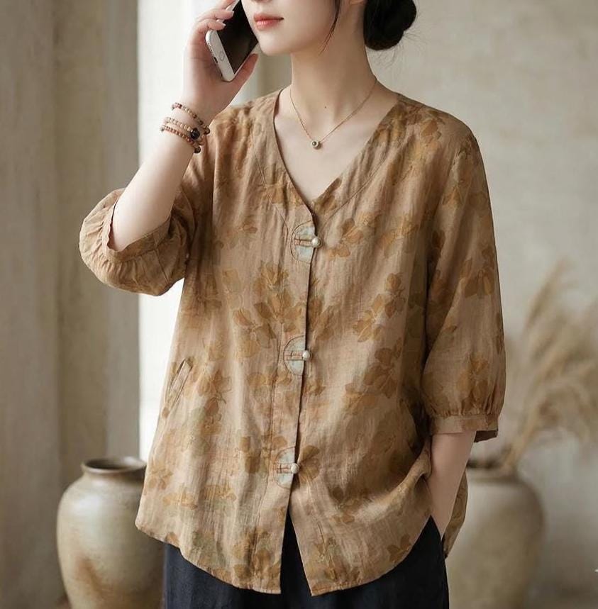 Joy Floral Linen Puff-Sleeve Blouse — view 6