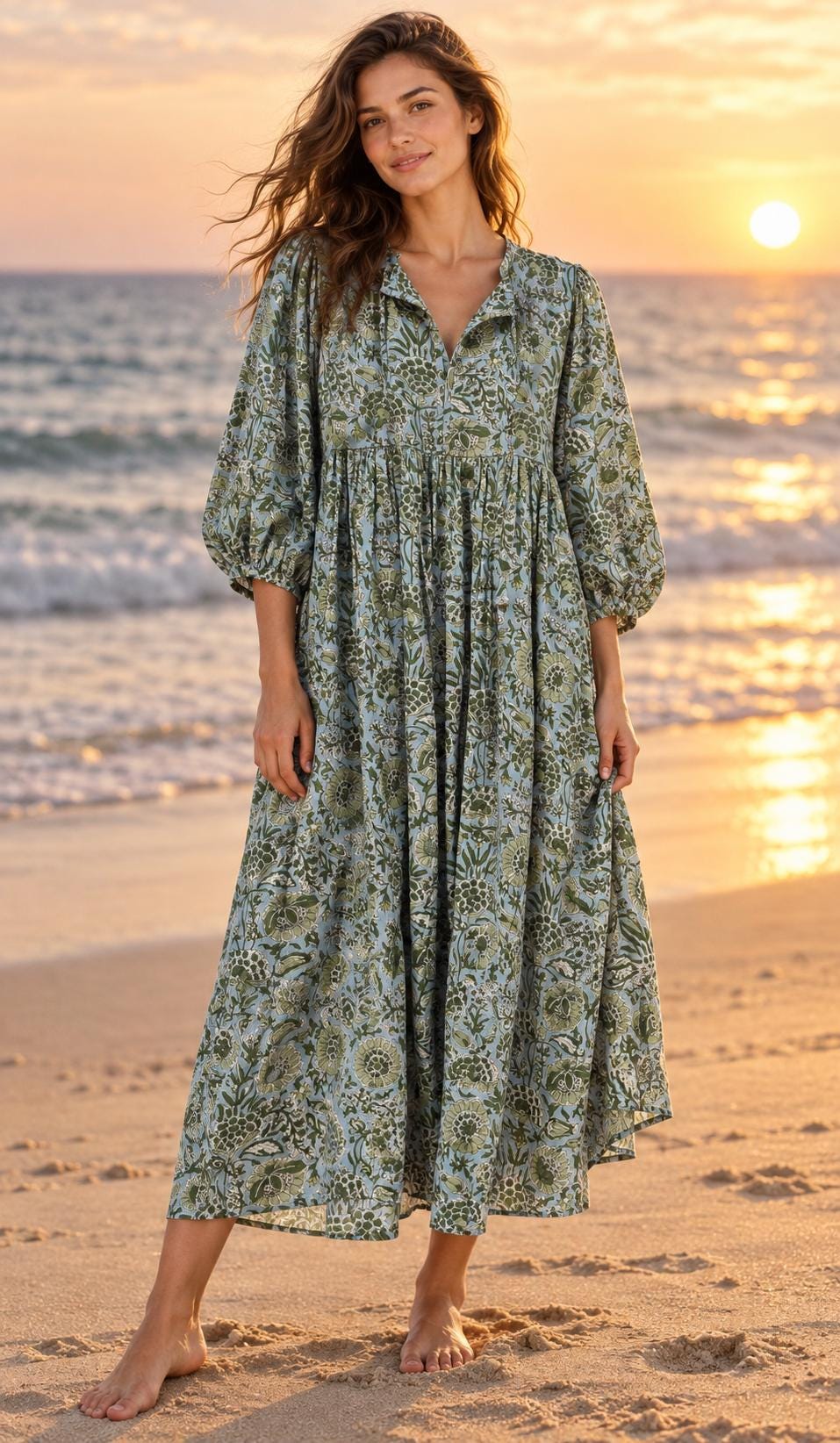 Adele Floral Cotton Puff-Sleeve Maxi Dress — view 3