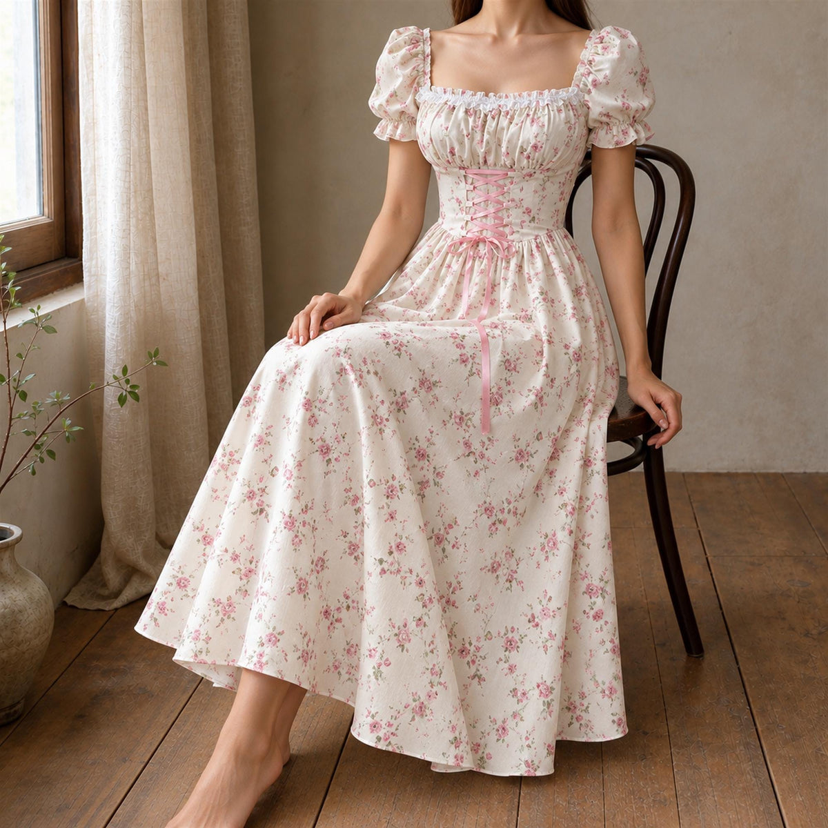 Jade Floral Lace Puff-Sleeve Midi Dress — view 2
