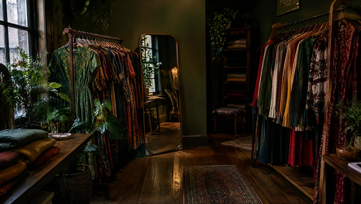 Cozy clothing boutique with rails of retro-style dresses