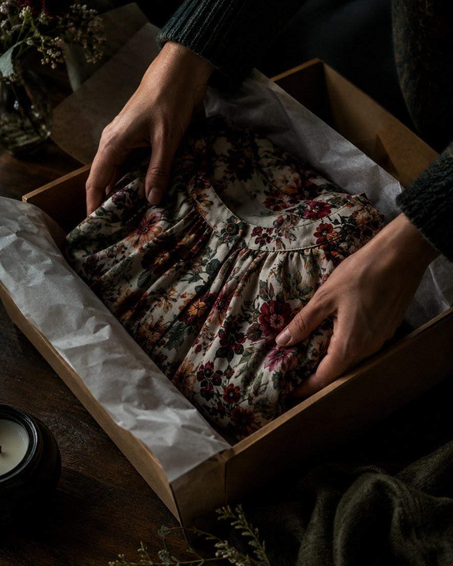 Floral blouse folded into a kraft box